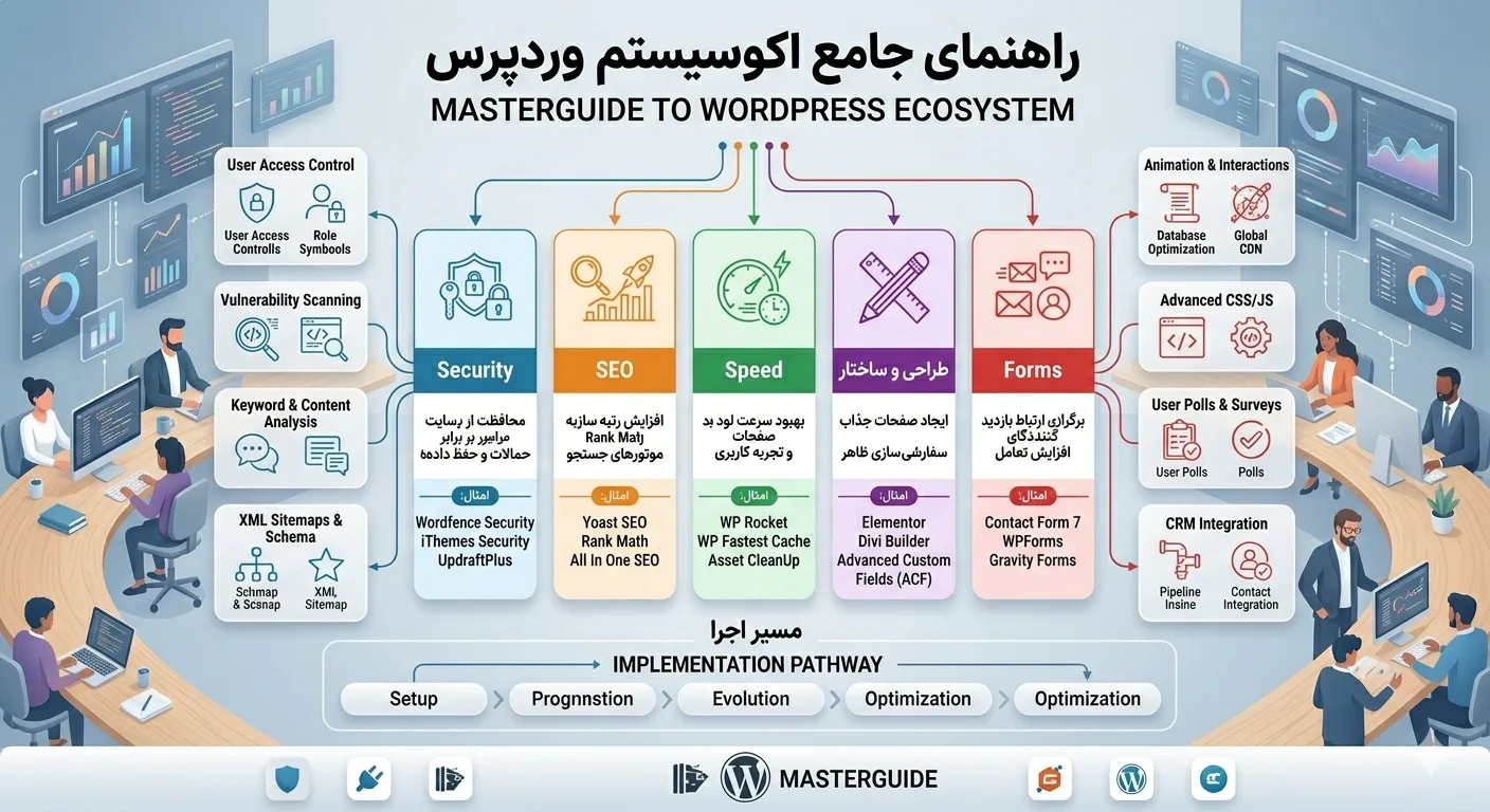 اینفوگرافیک دسته‌بندی افزونه‌های ضروری وردپرس شامل امنیت، سئو، سرعت، طراحی و فرم‌ها