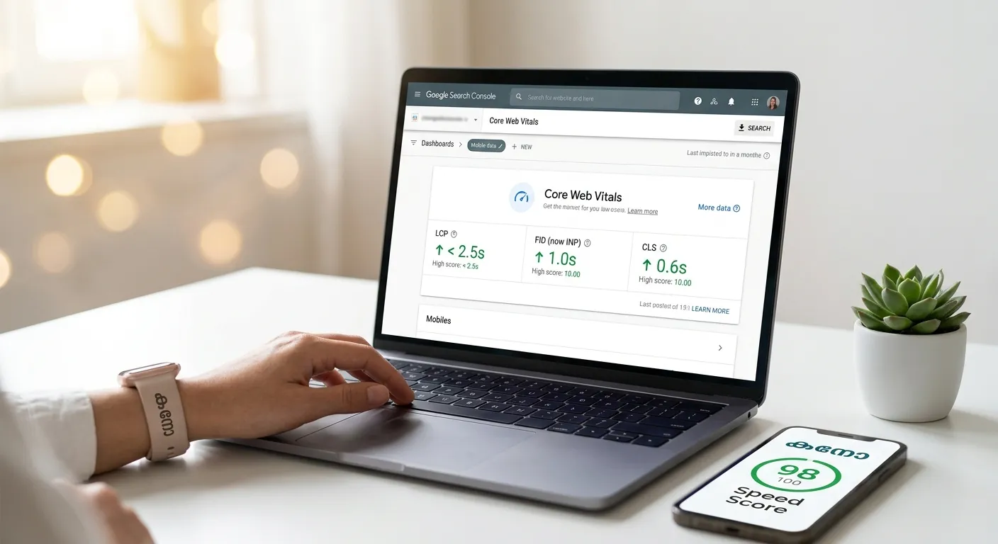نمای گزارش Core Web Vitals در گوگل سرچ کنسول روی لپتاپ و گوشی هوشمند، نشاندهنده امتیازهای سبز و سرعت بالای بارگذاری سایت.