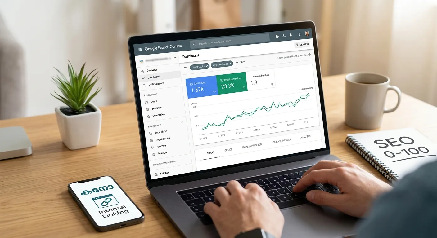 داشبورد گوگل سرچ کنسول روی لپتاپ یک محیط کاری